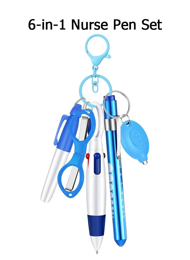 Wffo 6 Pcs Nurse Pen Set Include Permanent Marker Pen Retractable Ballpoint Pen Keychain Clip Foldable Scissors Lights LED Flashlight Keychain for Nurse Accessories(Blue) - Image 1